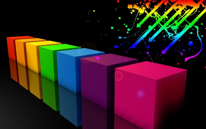 Rainbow colored cubes and abstract paint splatters