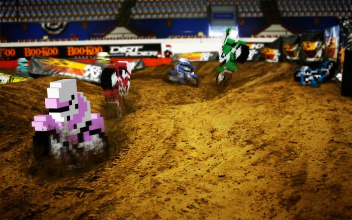 Pixelated motocross racers on a dirt track