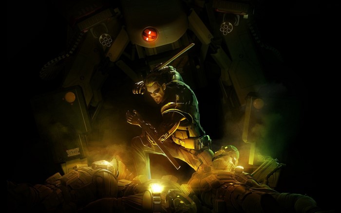 Adam Jensen standing over defeated soldiers