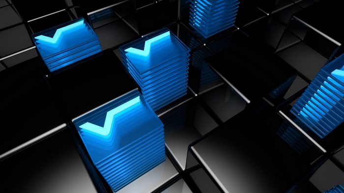Abstract digital art with blue geometric shapes on black background