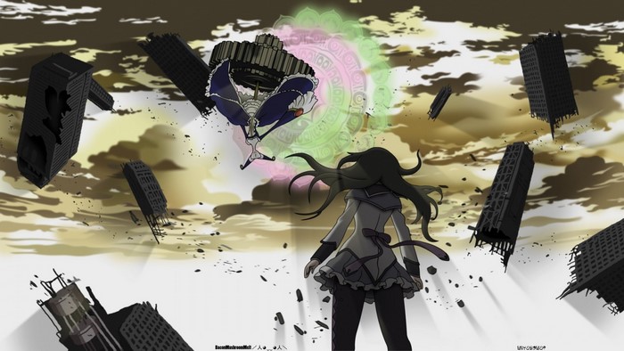 Akemi Homura from Mahou Shoujo Madoka Magica fighting a witch