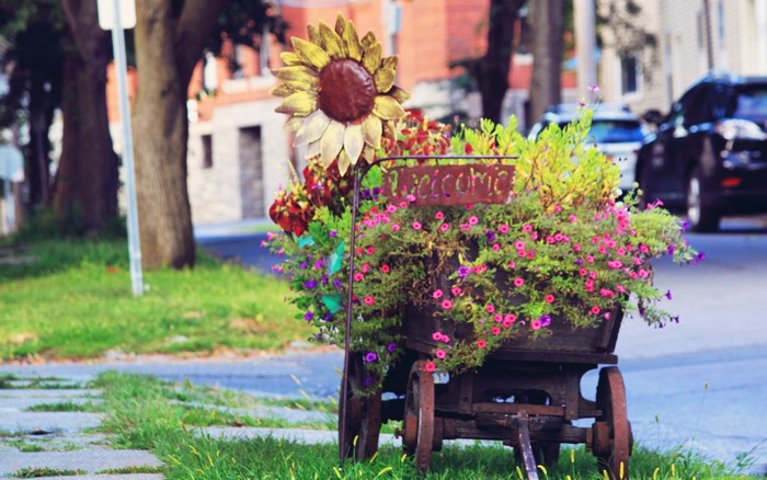 Decorative wagon with flowers and sunflower decoration