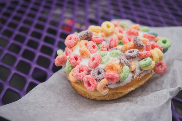 Donut with Fruit Loops cereal topping