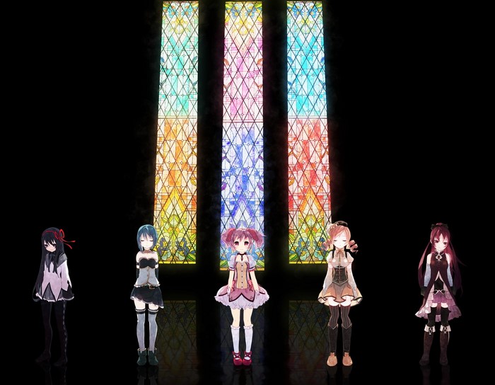 Mahou Shoujo Madoka Magica characters in front of stained glass