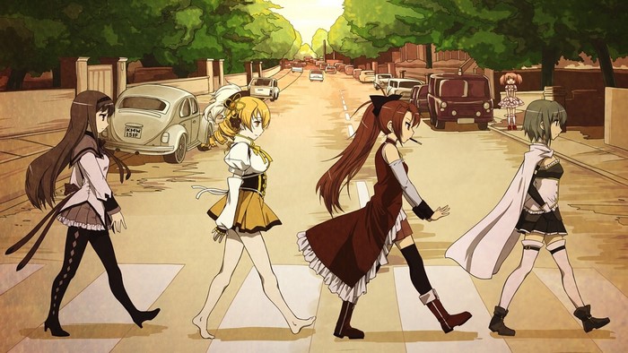 Mahou Shoujo Madoka Magica characters crossing Abbey Road