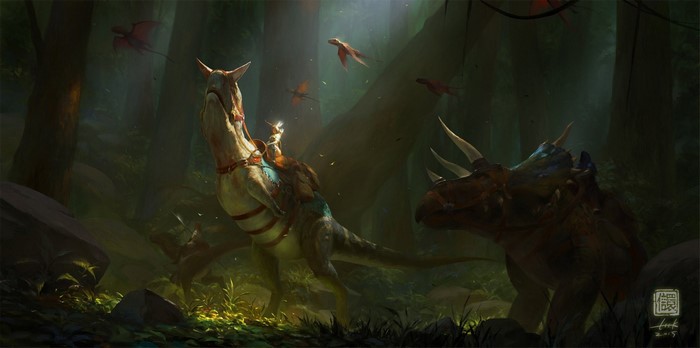 Fantasy art of dinosaurs and riders in a jungle