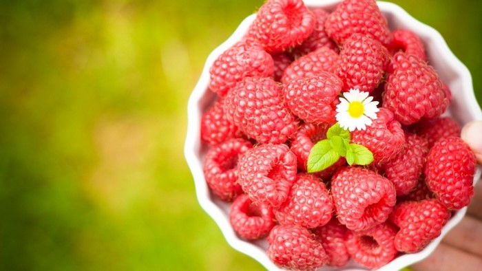 Bowl of fresh raspberries with a daisy and mint