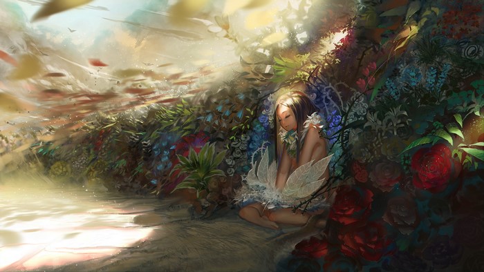 Fantasy art of a girl in a flower garden