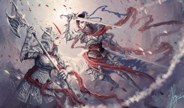 Two female warriors in ornate armor fighting with swords and an axe