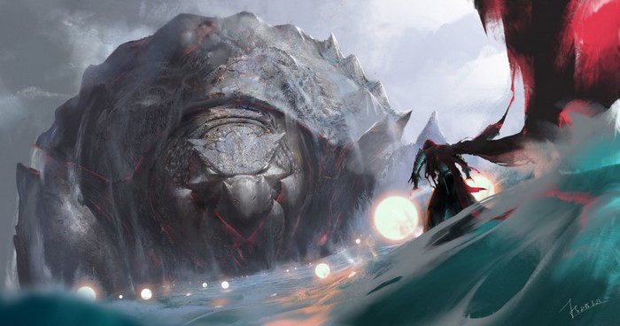 Giant creature and a warrior in a fantasy landscape