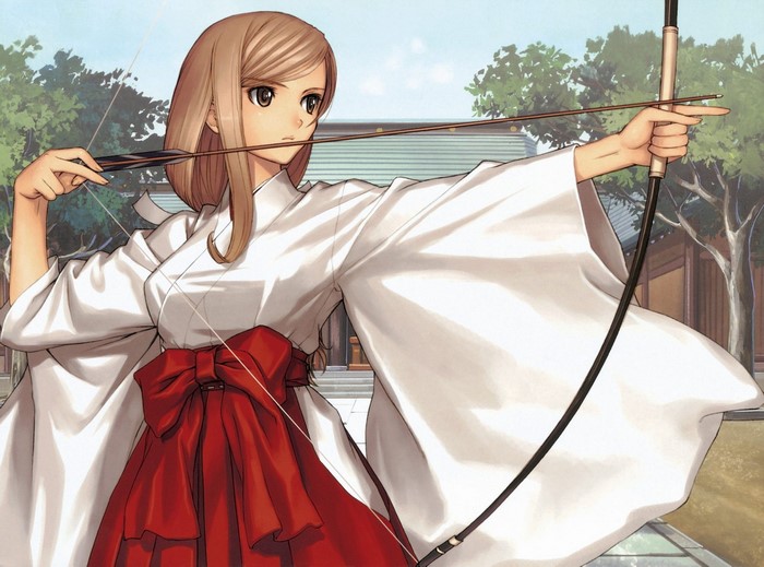 Anime girl in white and red traditional Japanese clothing holding a bow and arrow