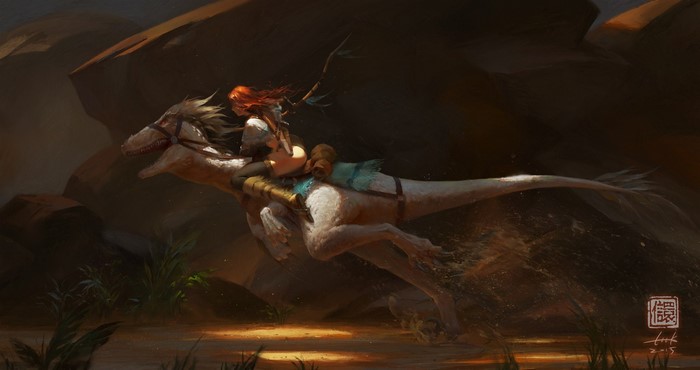 Girl riding a dinosaur in a desert