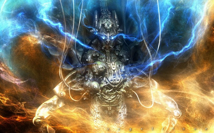 Fantasy art of a mechanical being in a nebula