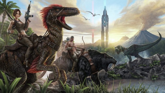 ARK: Survival Evolved characters riding dinosaurs and saber-toothed cat