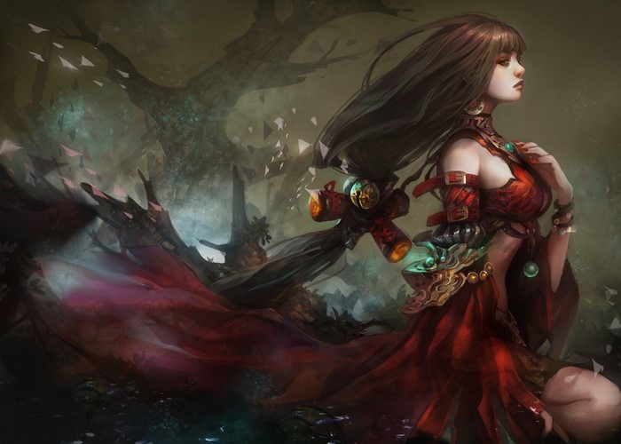 Fantasy art of a woman warrior in a red dress