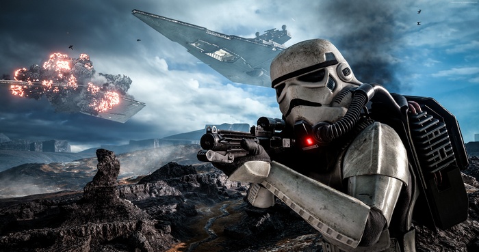 Stormtrooper aiming rifle with Star Destroyer in Star Wars Battlefront