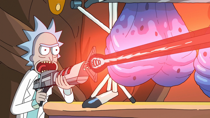 Rick from Rick and Morty firing a laser gun
