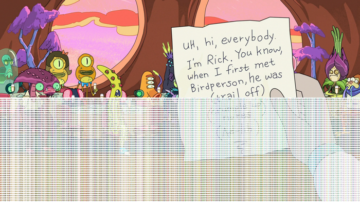 Rick and Morty characters with a note