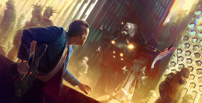 Cyberpunk 2077: Man with gun faces giant robot