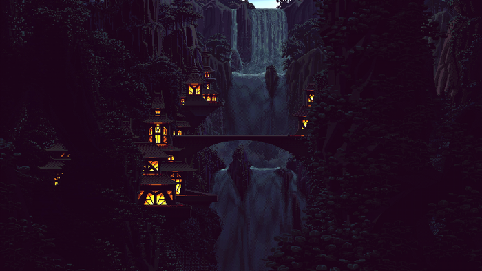 Pixel art of a fantasy village with waterfalls at night