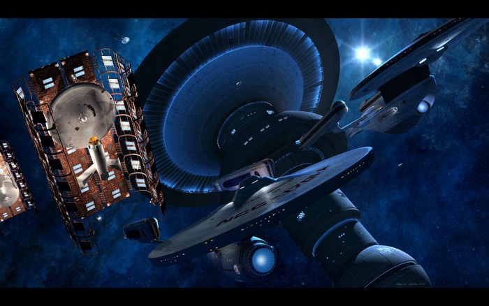 Star Trek space station with USS Enterprise and USS Excelsior