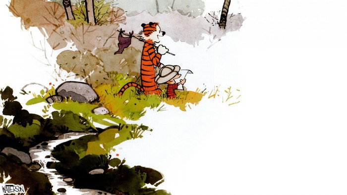 Calvin and Hobbes exploring a stream
