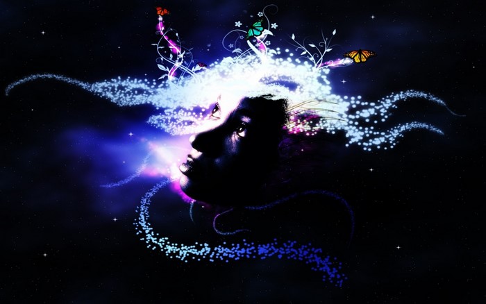 Digital art of a woman's profile with glowing particles