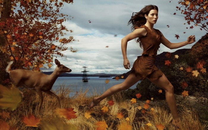 Jessica Biel as Pocahontas running with a deer