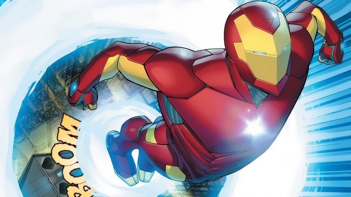 Iron Man flying over a city