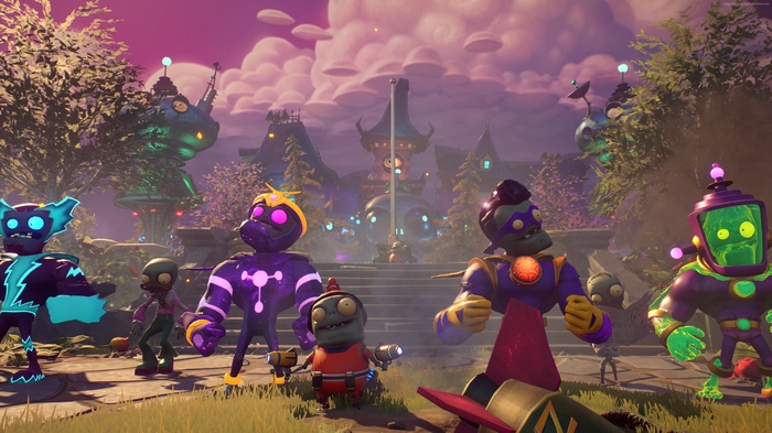 Plants vs. Zombies: Garden Warfare 2 characters in a futuristic town