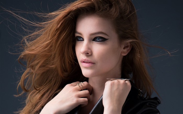 Barbara Palvin portrait with auburn hair and smoky eyes