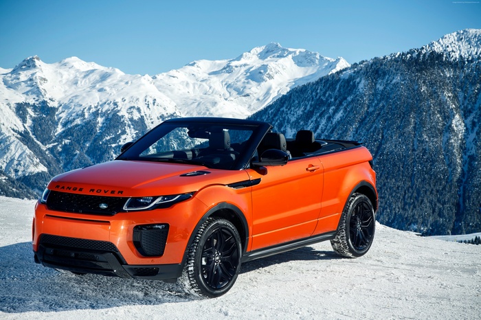 Orange Range Rover Evoque Convertible in Snow