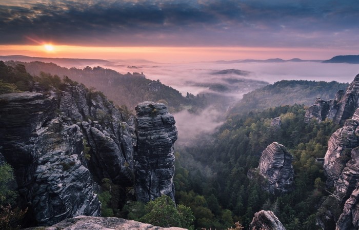 Sunrise Over Misty German National Park Valley