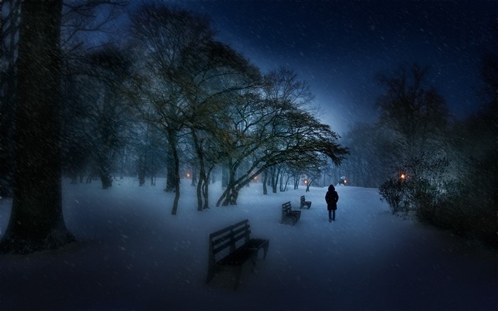 Person walking in a snowy park at night