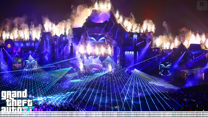 Grand Theft Auto VI festival stage with lasers and fireworks