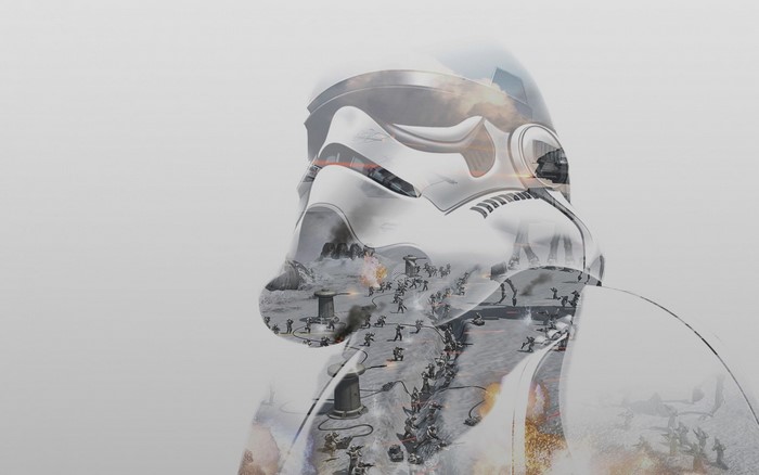 Stormtrooper helmet with Star Wars Battlefront scene overlay