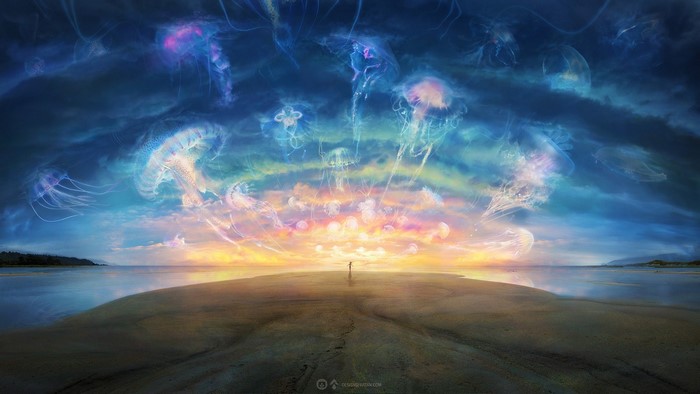 Fantasy art of jellyfish in the sky over a beach
