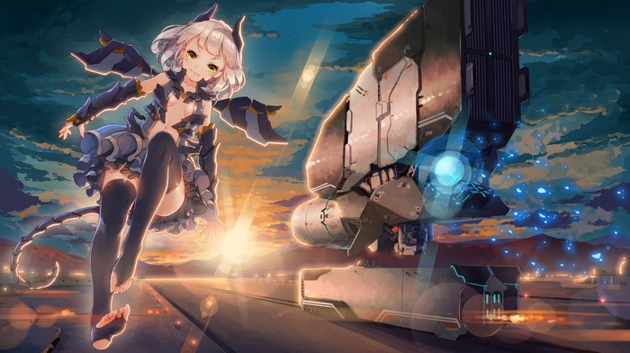Anime girl with mechanical wings and a large robot