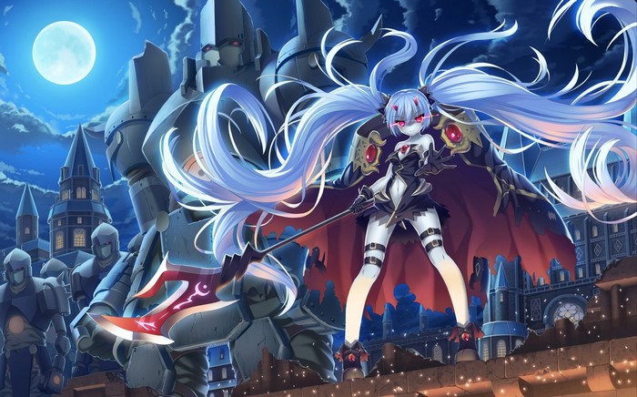 Anime girl with scythe and mecha in front of castle