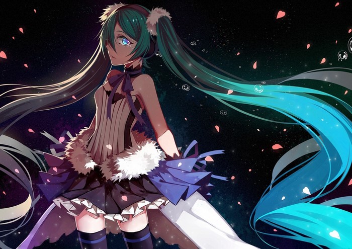 Hatsune Miku from Vocaloid in a dark, starry background