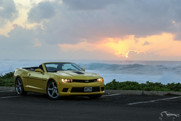 Yellow Chevrolet Camaro Convertible at Sunset by the Sea