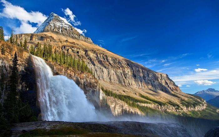Waterfall and Snowy Peak in Canadian National Park