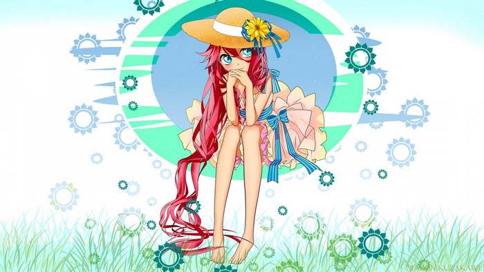 IA Vocaloid anime girl with long red hair and straw hat