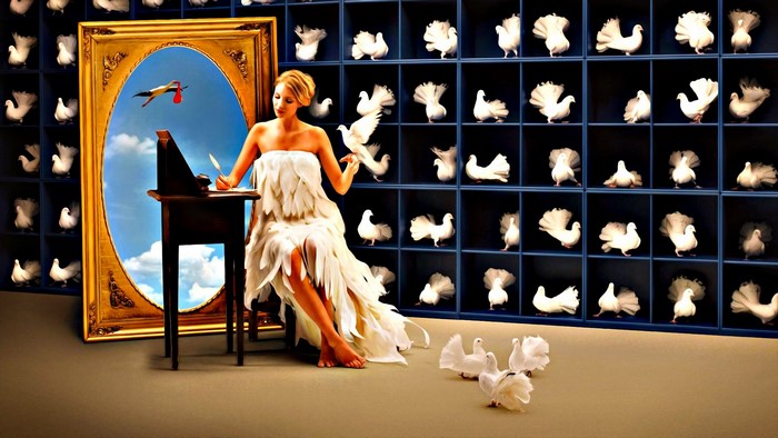 Woman in feather dress with pigeons and a stork delivering a baby