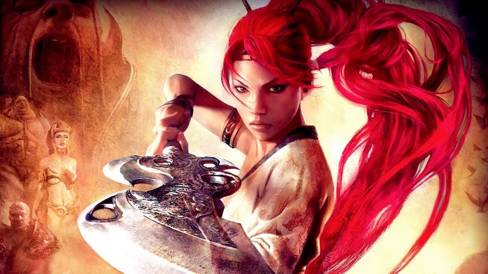 Illustration of a woman with red hair holding a sword