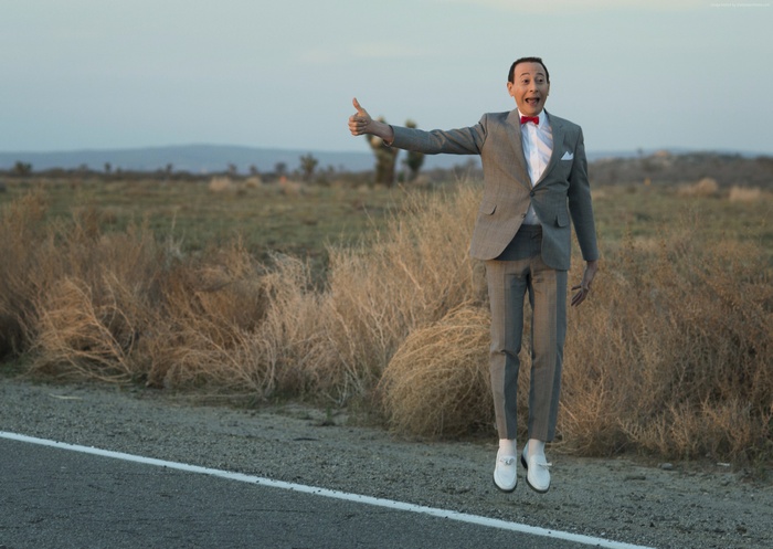 Pee-wee Herman from Pee-wee's Big Holiday hitchhiking