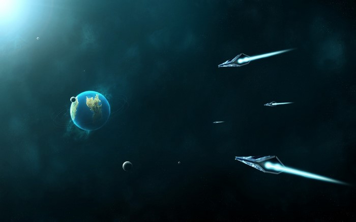 Futuristic spaceships flying near a ringed planet and moons