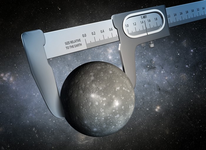 Planet being measured by calipers in space