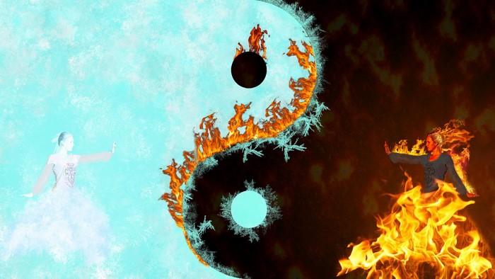 Yin and Yang symbol with ice and fire figures