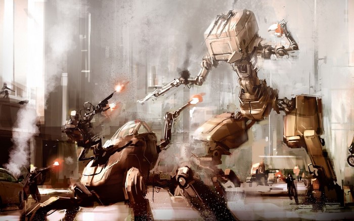 Mechs in Futuristic City Battle